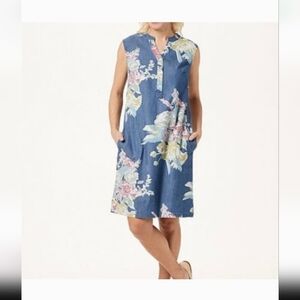 D&Co Mature Chambray Denim Henley Shirt Dress M Floral Jumper Mature  #drs17